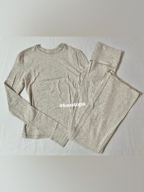 SKIMS Cotton Jersey Long Sleeve T-shirt Top Tee + Foldover Flare Pants Set Cream